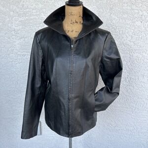 East 5th Women's Y2K Leather Jacket Full Zip Black size Large Pockets‎ Boho Moto